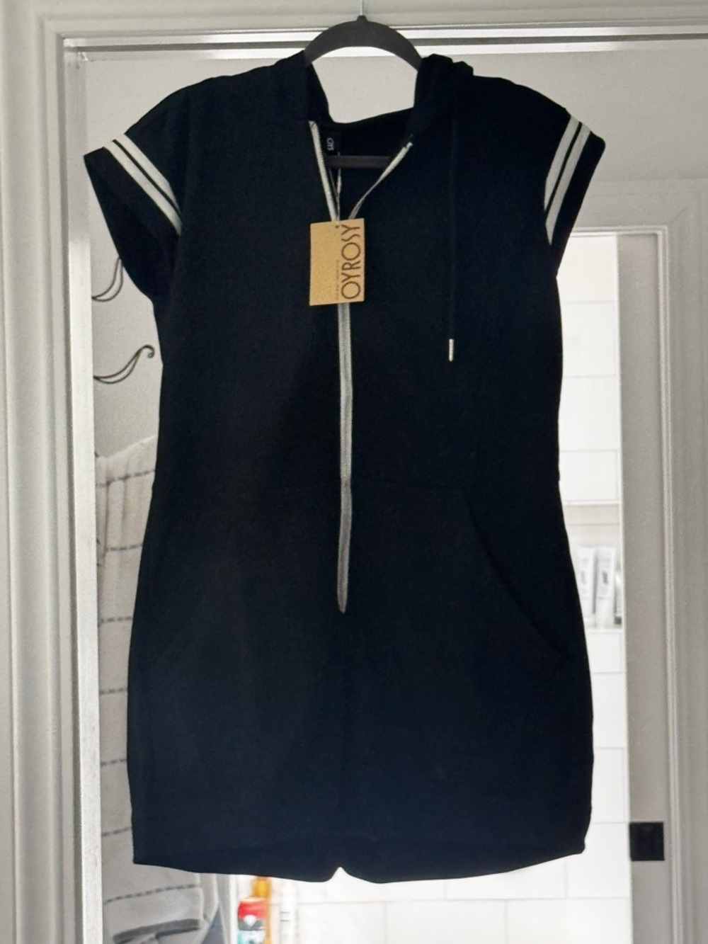 Black Short-Sleeve Hoodie Romper with Contrast Trim